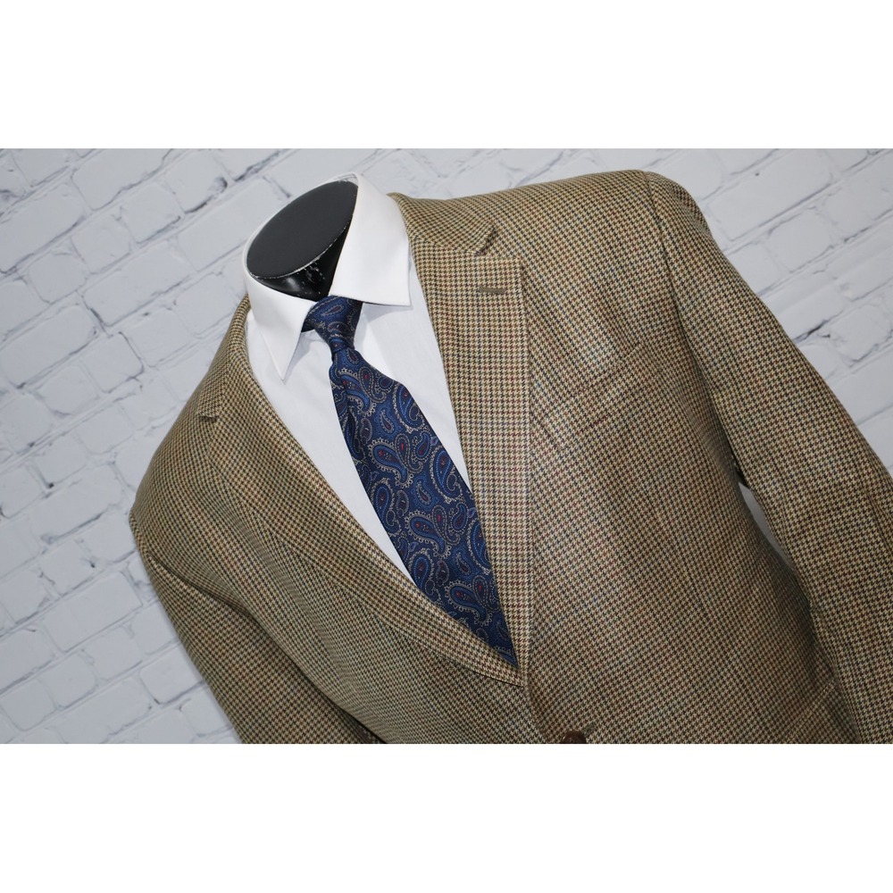 CHAPS Blazer Mens 46 Long Brown 100% Silk Houndstooth Two Button Sport Coat